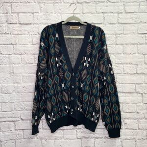 VTG 80’s Jantzen Mens Cardigan Sweater Size XL Acrylic Geometric Button Black